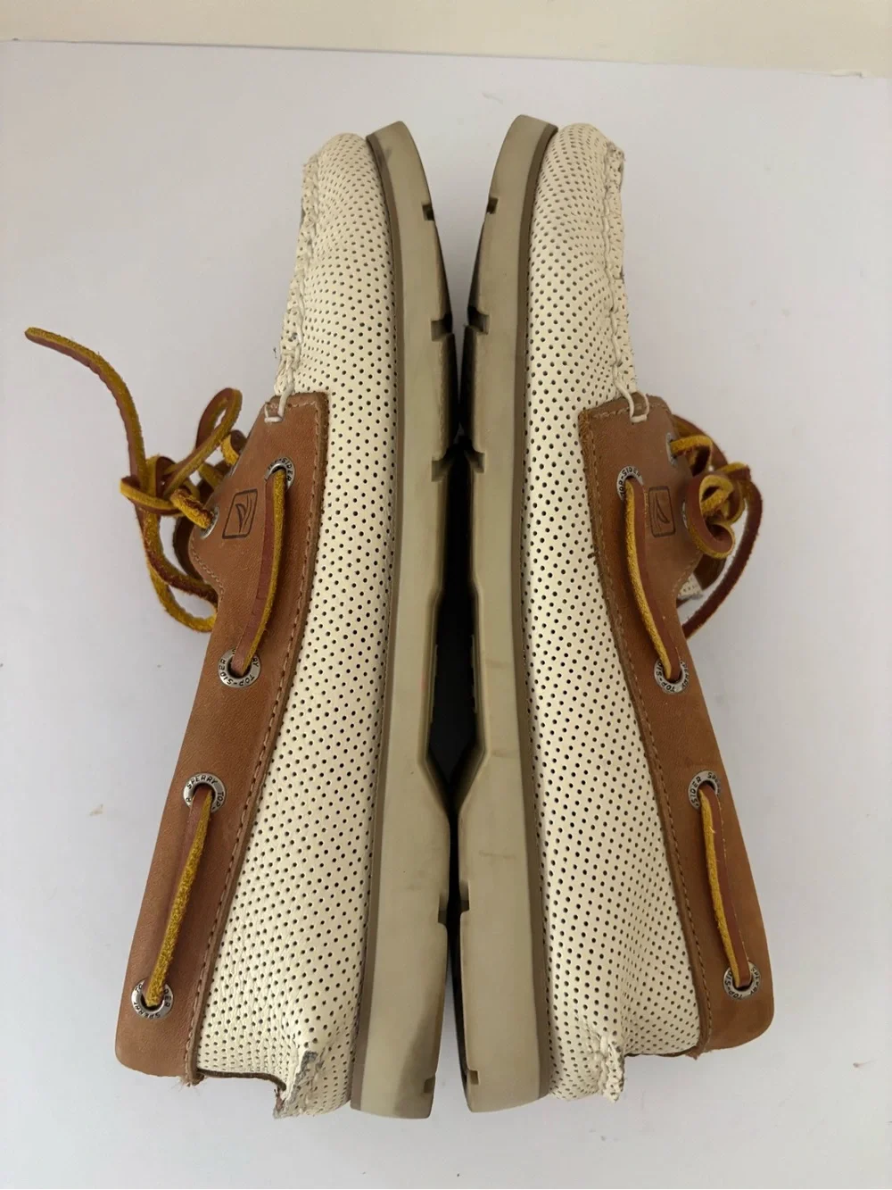 Sperry Two-Tone Boat shoes. Perforated cream and tan leather. 2 Eye. Size 8.5M